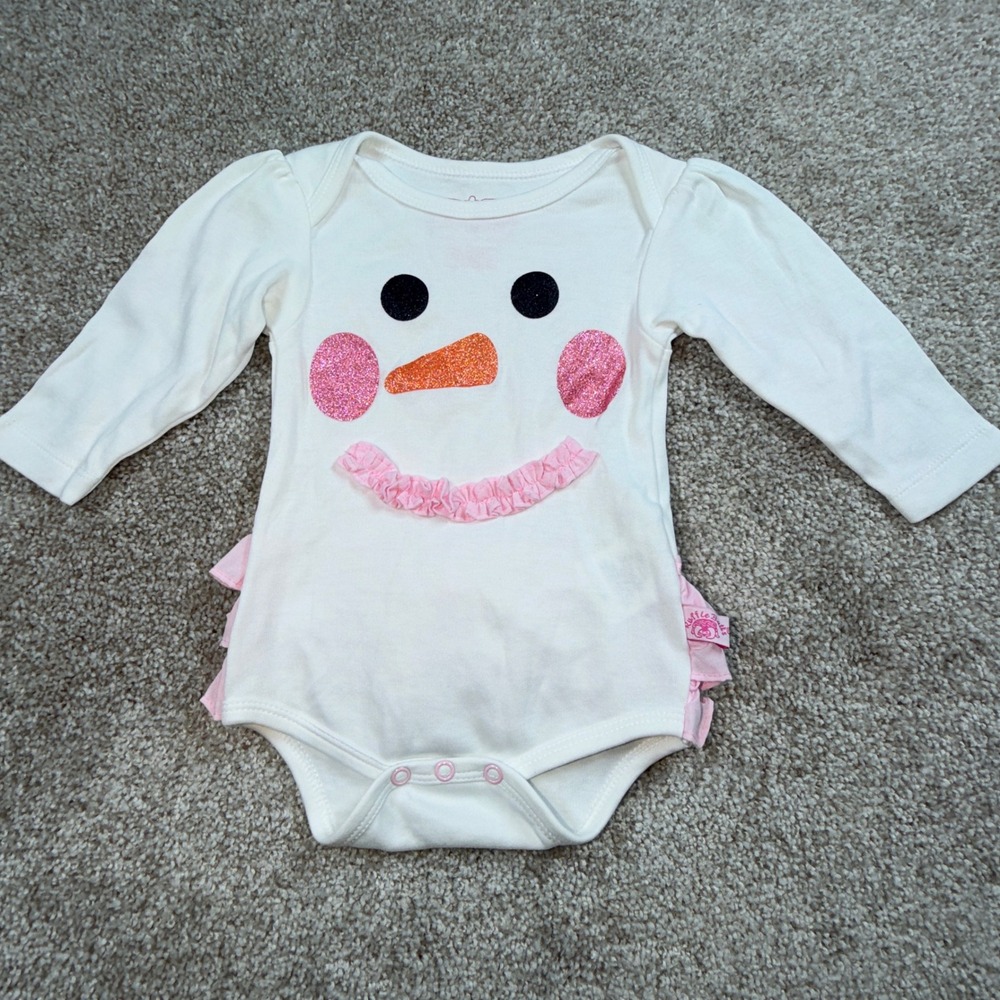 RuffleButts Baby Girl Snowman Ruffle Butt Bodysuit White Pink 3-6 Months Holiday